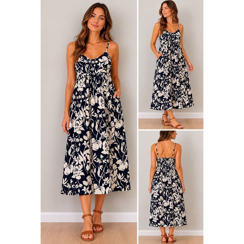 A new day Floral Navy & White Gauze Midi dress Medium Pockets #785